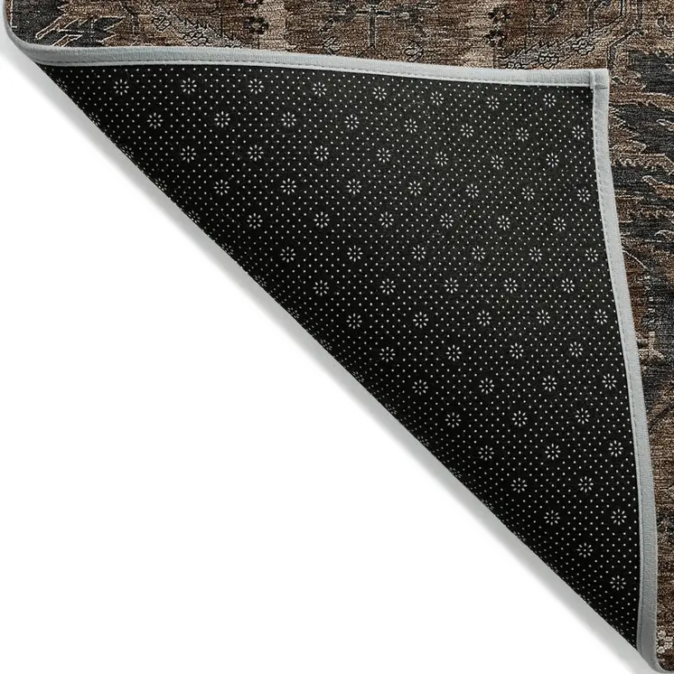 8' X 10' Brown Tan And Charcoal Damask Washable Indoor Outdoor Area Rug