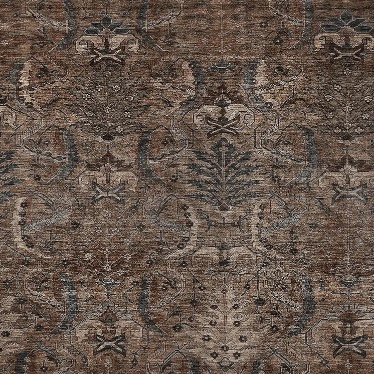 8' X 10' Brown Tan And Charcoal Damask Washable Indoor Outdoor Area Rug