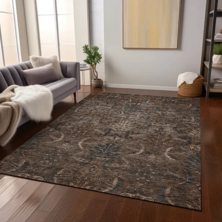 8' X 10' Brown Tan And Charcoal Damask Washable Indoor Outdoor Area Rug