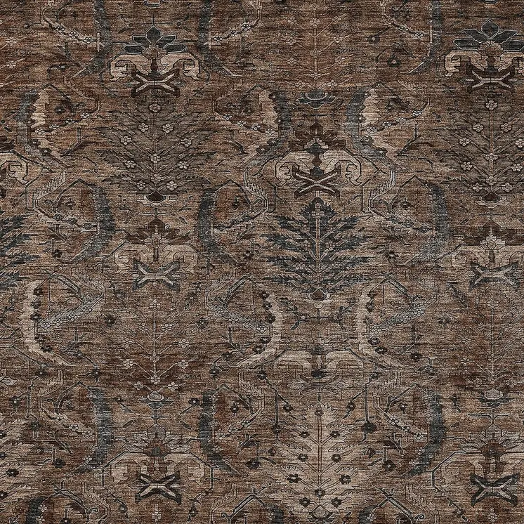 9' X 12' Brown Tan And Charcoal Damask Washable Indoor Outdoor Area Rug