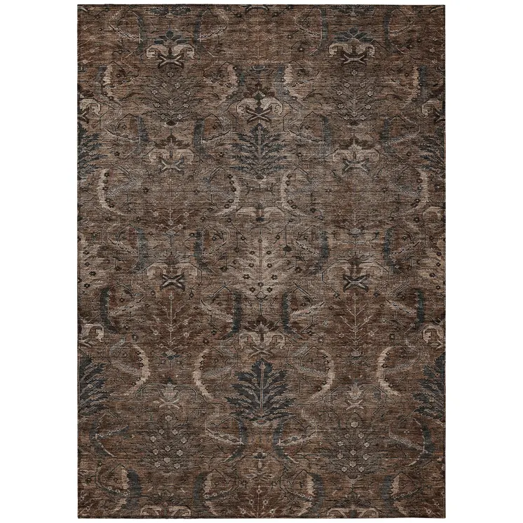 10' X 14' Brown Tan And Charcoal Damask Washable Indoor Outdoor Area Rug