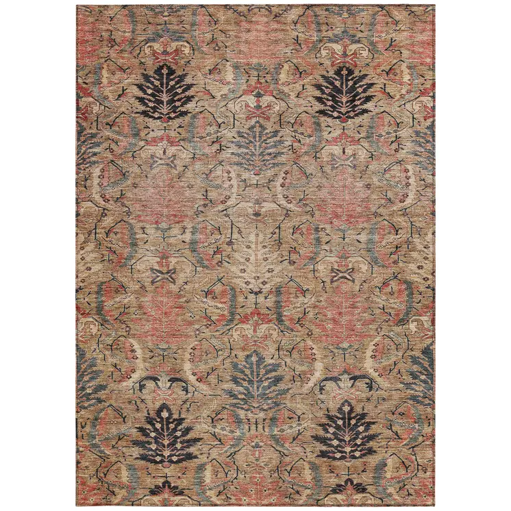 3' X 5' Khaki Terra Cotta And Black Damask Washable Indoor Outdoor Area Rug