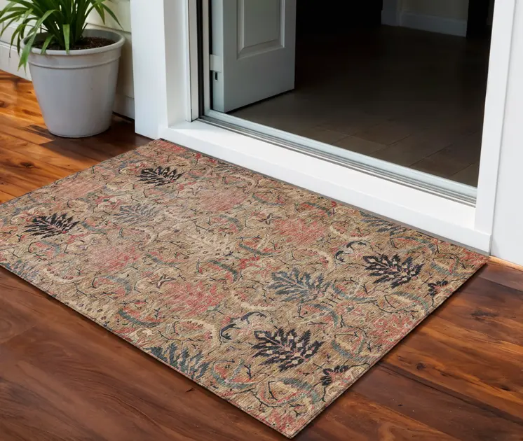 3' X 5' Khaki Terra Cotta And Black Damask Washable Indoor Outdoor Area Rug