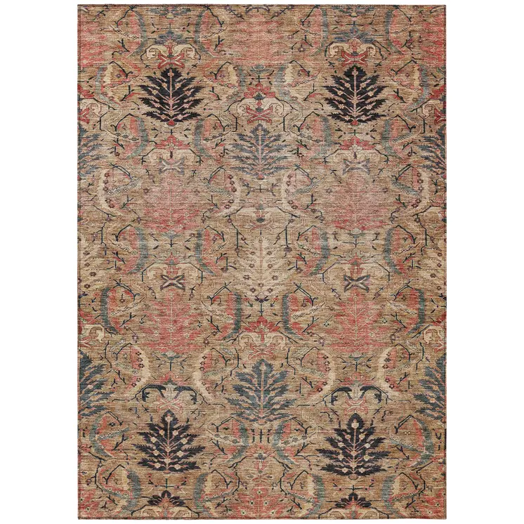 5' X 8' Khaki Terra Cotta And Black Damask Washable Indoor Outdoor Area Rug