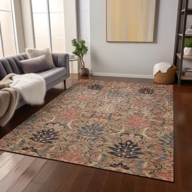 5' X 8' Khaki Terra Cotta And Black Damask Washable Indoor Outdoor Area Rug