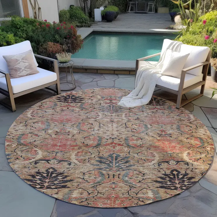 8' Khaki Terra Cotta And Black Round Damask Washable Indoor Outdoor Area Rug