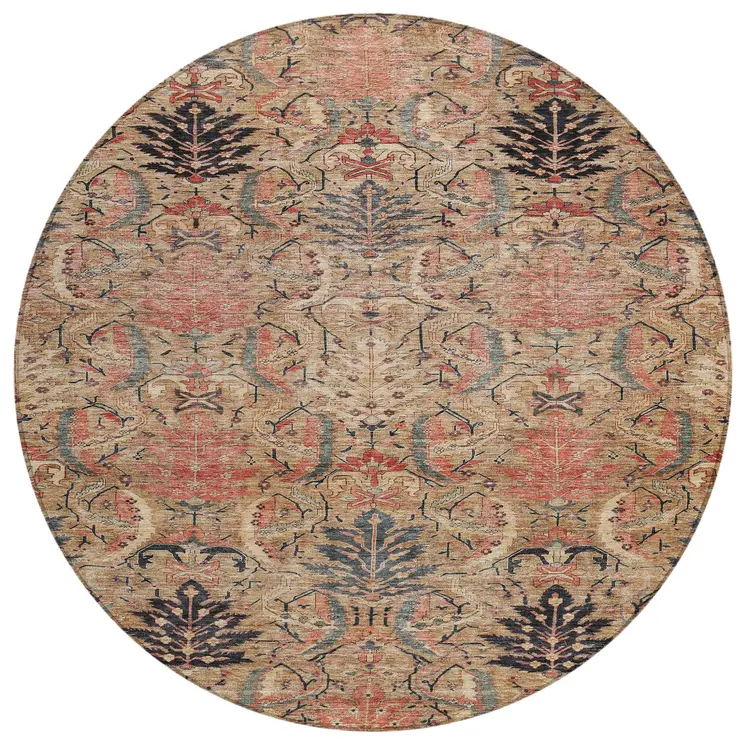 8' Khaki Terra Cotta And Black Round Damask Washable Indoor Outdoor Area Rug