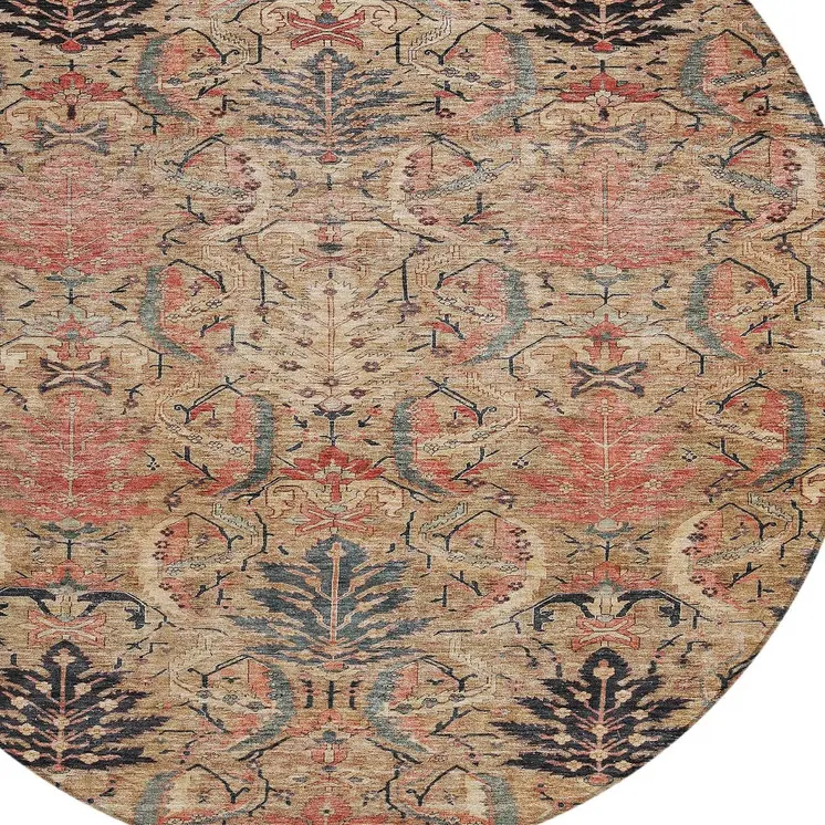 8' Khaki Terra Cotta And Black Round Damask Washable Indoor Outdoor Area Rug
