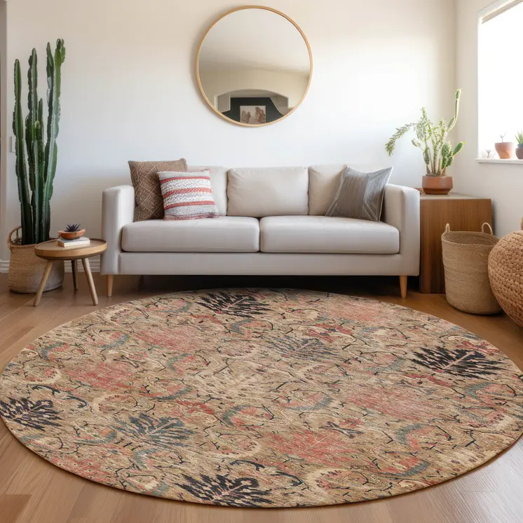 8' Khaki Terra Cotta And Black Round Damask Washable Indoor Outdoor Area Rug
