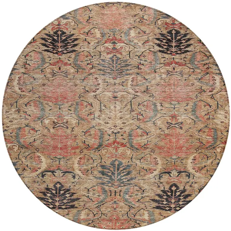 8' Khaki Terra Cotta And Black Round Damask Washable Indoor Outdoor Area Rug