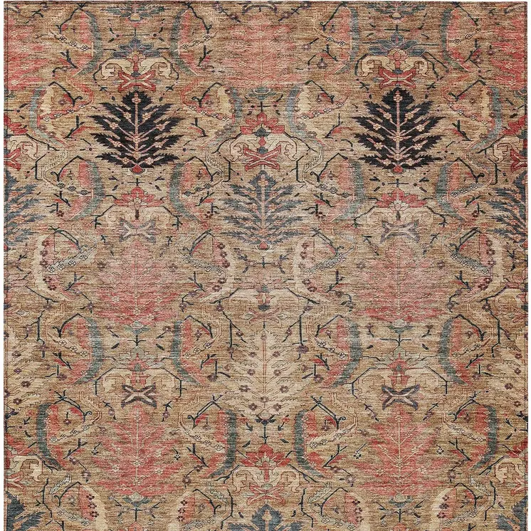 8' X 10' Khaki Terra Cotta And Black Damask Washable Indoor Outdoor Area Rug