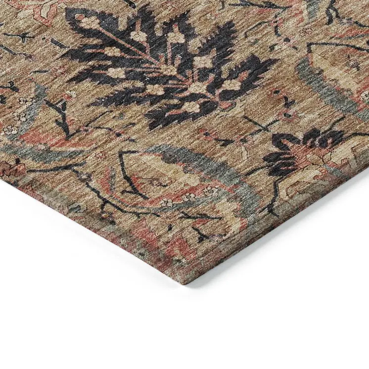 8' X 10' Khaki Terra Cotta And Black Damask Washable Indoor Outdoor Area Rug