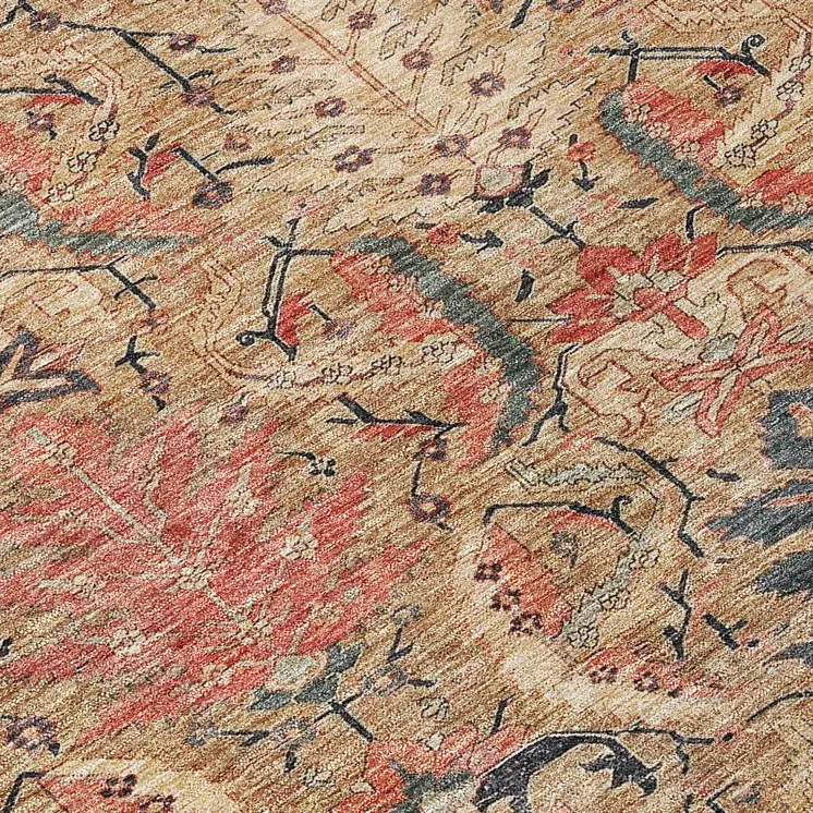 8' X 10' Khaki Terra Cotta And Black Damask Washable Indoor Outdoor Area Rug
