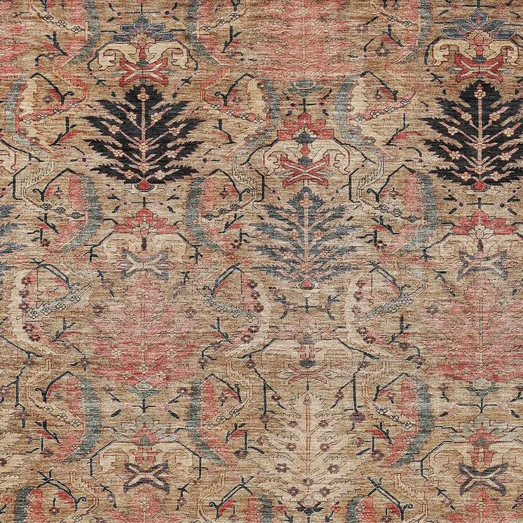 9' X 12' Khaki Terra Cotta And Black Damask Washable Indoor Outdoor Area Rug
