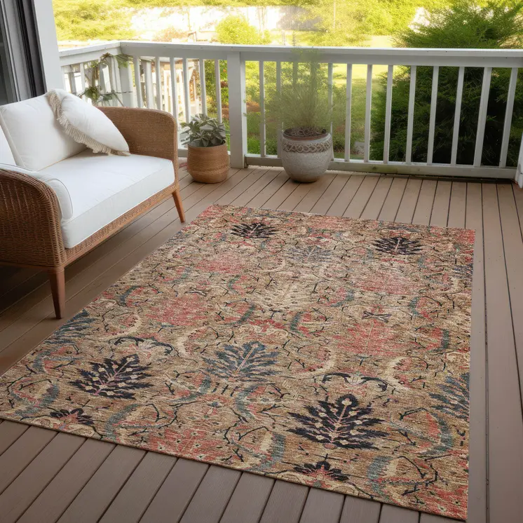 10' X 14' Khaki Terra Cotta And Black Damask Washable Indoor Outdoor Area Rug