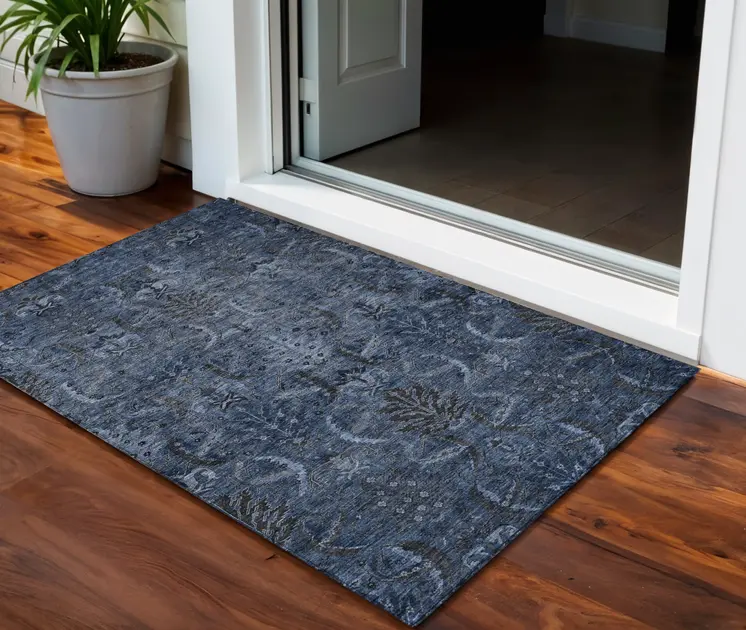 3' X 5' Navy Blue And Charcoal Damask Washable Indoor Outdoor Area Rug