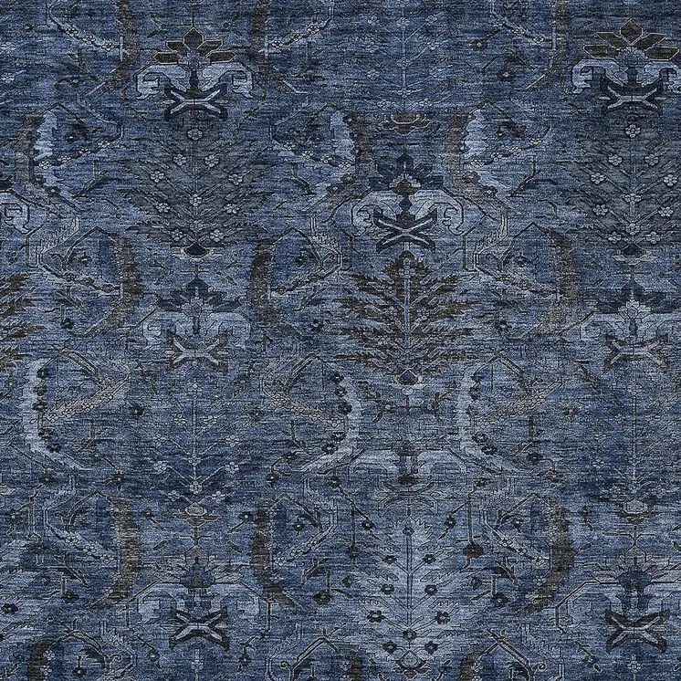5' X 8' Navy Blue And Charcoal Damask Washable Indoor Outdoor Area Rug