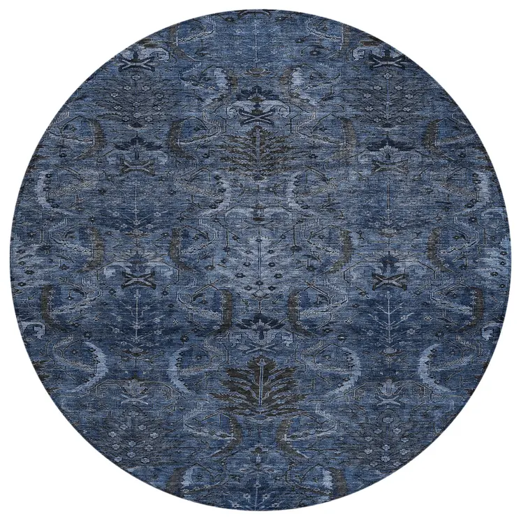 8' Navy Blue And Charcoal Round Damask Washable Indoor Outdoor Area Rug