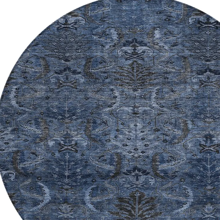 8' Navy Blue And Charcoal Round Damask Washable Indoor Outdoor Area Rug
