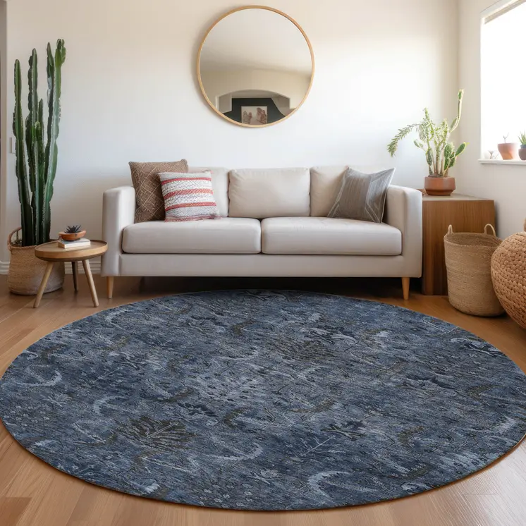8' Navy Blue And Charcoal Round Damask Washable Indoor Outdoor Area Rug