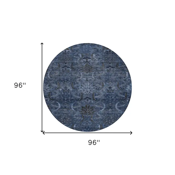 8' Navy Blue And Charcoal Round Damask Washable Indoor Outdoor Area Rug