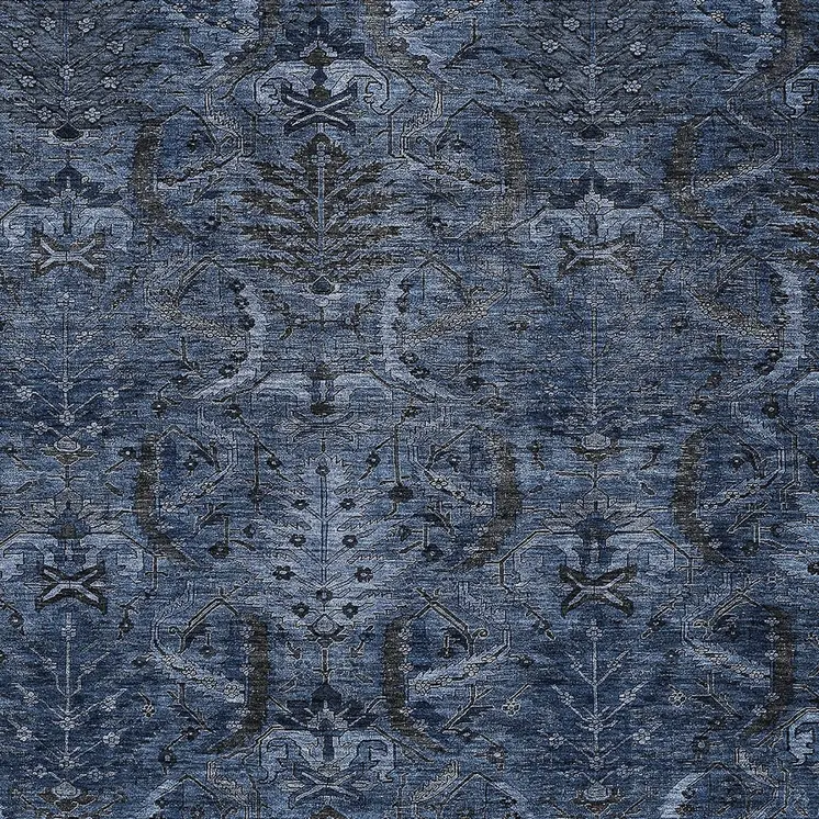 8' X 10' Navy Blue And Charcoal Damask Washable Indoor Outdoor Area Rug