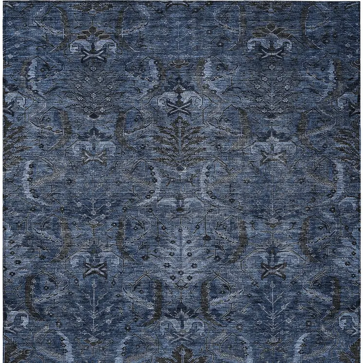 9' X 12' Navy Blue And Charcoal Damask Washable Indoor Outdoor Area Rug
