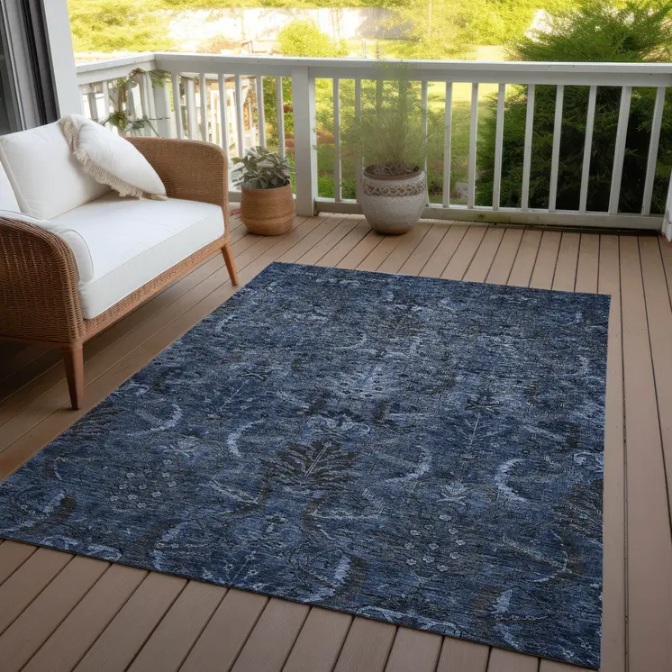 9' X 12' Navy Blue And Charcoal Damask Washable Indoor Outdoor Area Rug
