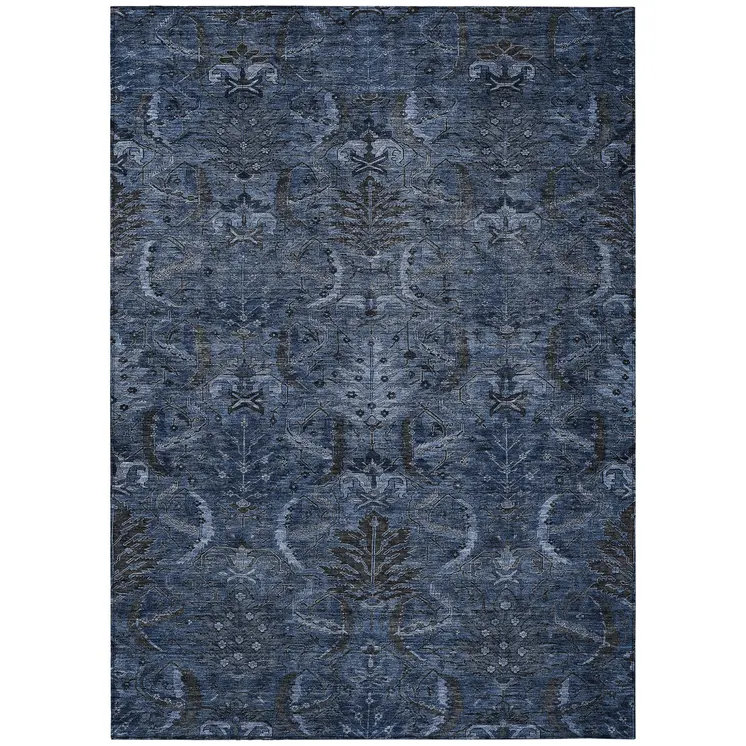 9' X 12' Navy Blue And Charcoal Damask Washable Indoor Outdoor Area Rug