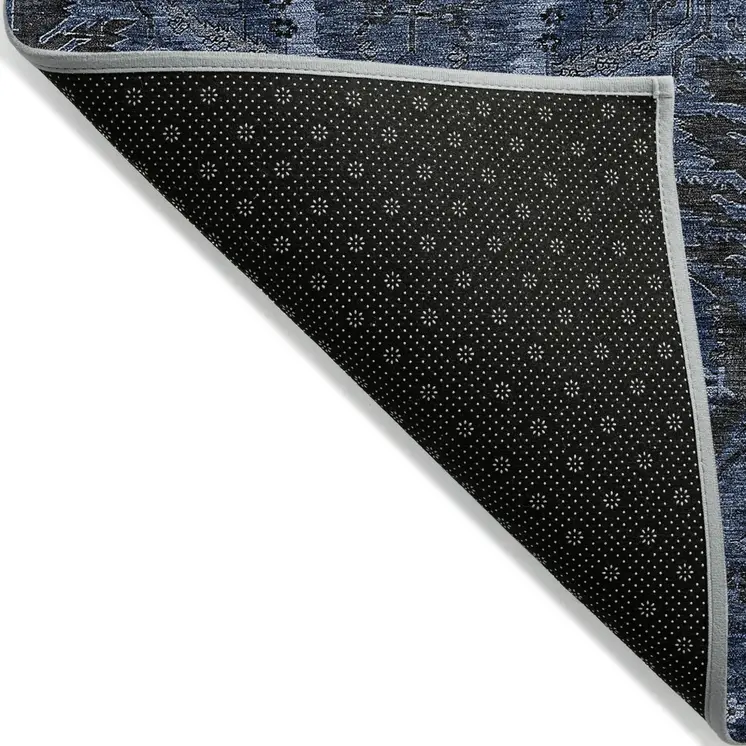 9' X 12' Navy Blue And Charcoal Damask Washable Indoor Outdoor Area Rug