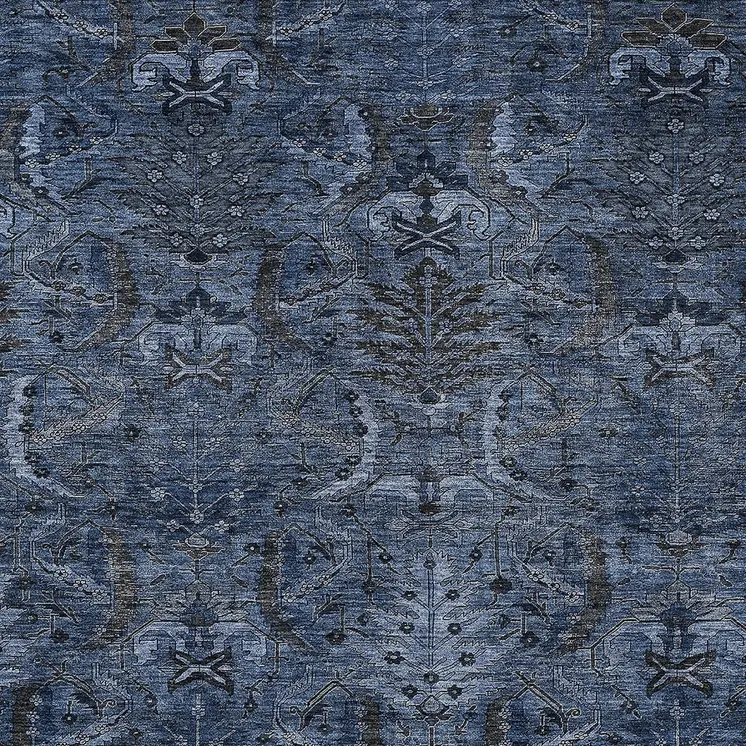 9' X 12' Navy Blue And Charcoal Damask Washable Indoor Outdoor Area Rug