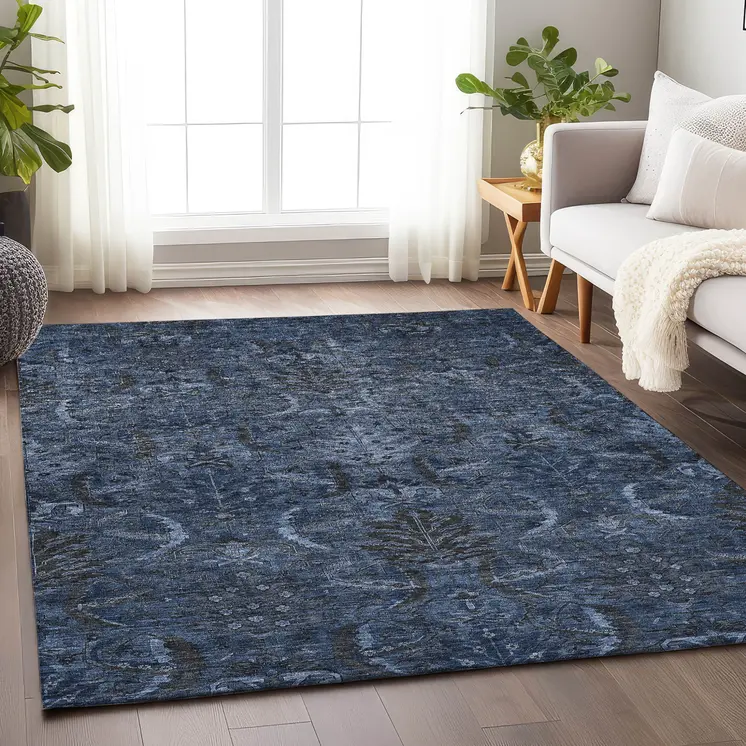 9' X 12' Navy Blue And Charcoal Damask Washable Indoor Outdoor Area Rug