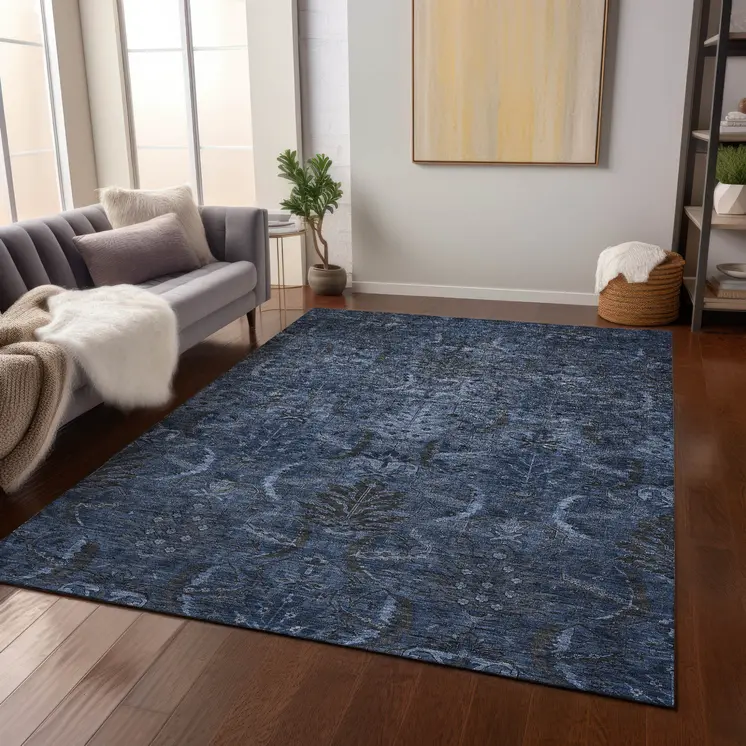 9' X 12' Navy Blue And Charcoal Damask Washable Indoor Outdoor Area Rug
