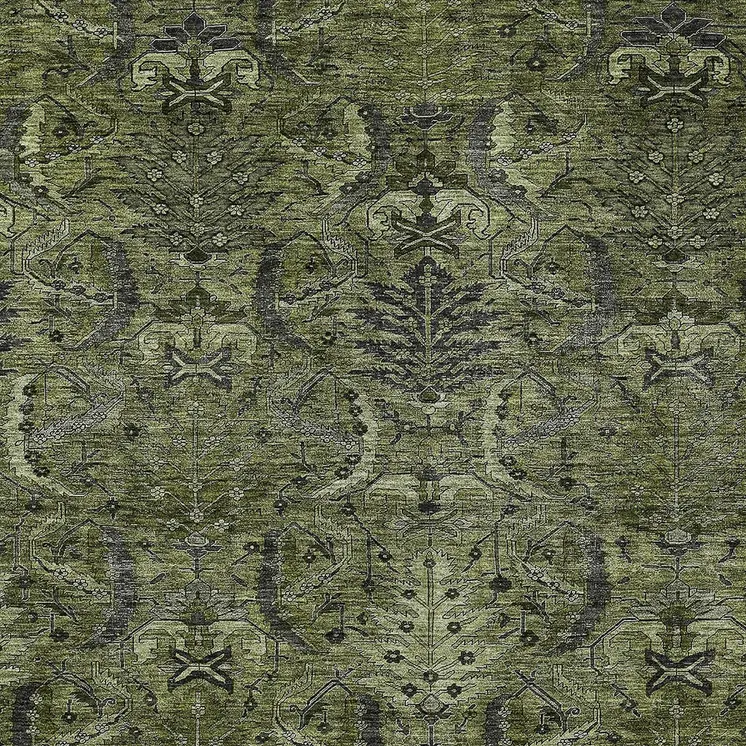 5' X 8' Olive Green And Charcoal Damask Washable Indoor Outdoor Area Rug
