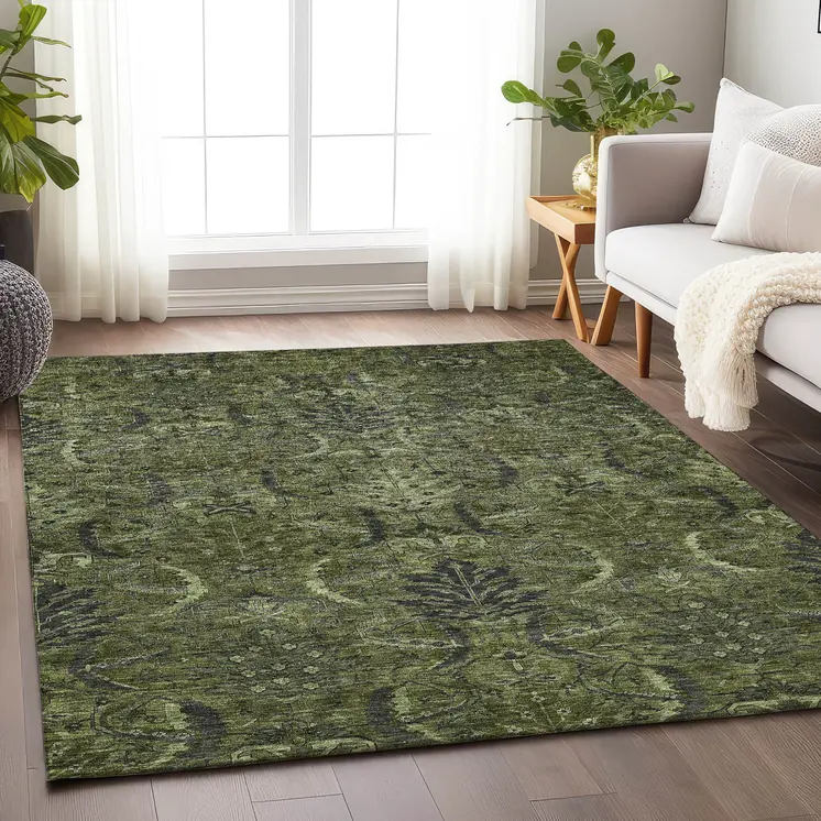 5' X 8' Olive Green And Charcoal Damask Washable Indoor Outdoor Area Rug