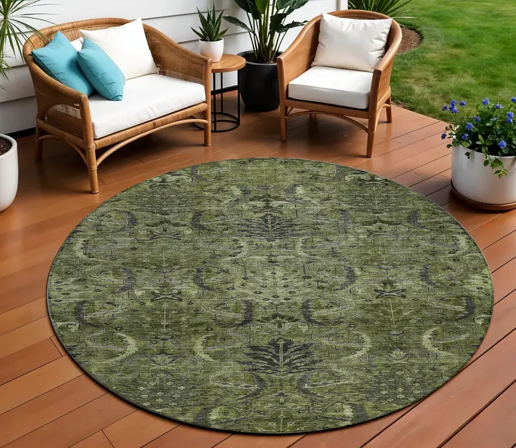 8' Olive Green And Charcoal Round Damask Washable Indoor Outdoor Area Rug