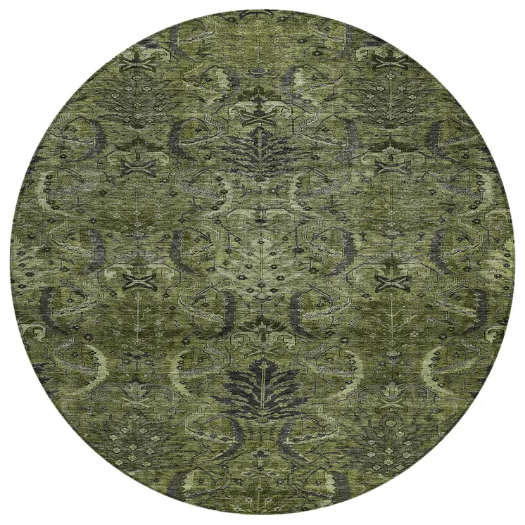 8' Olive Green And Charcoal Round Damask Washable Indoor Outdoor Area Rug