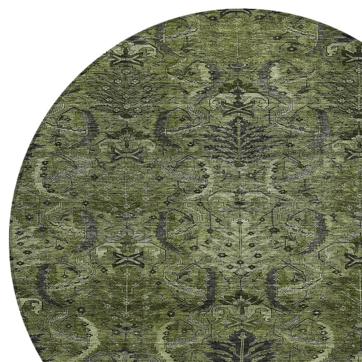 8' Olive Green And Charcoal Round Damask Washable Indoor Outdoor Area Rug