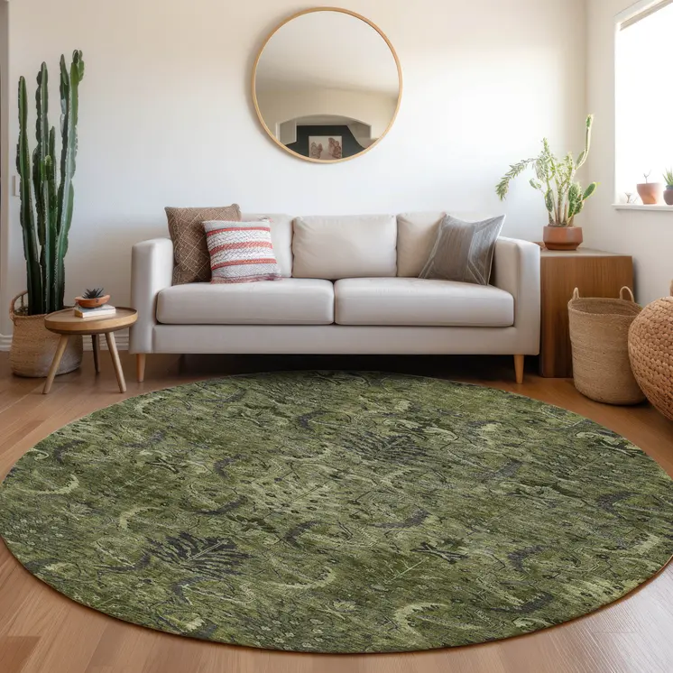 8' Olive Green And Charcoal Round Damask Washable Indoor Outdoor Area Rug