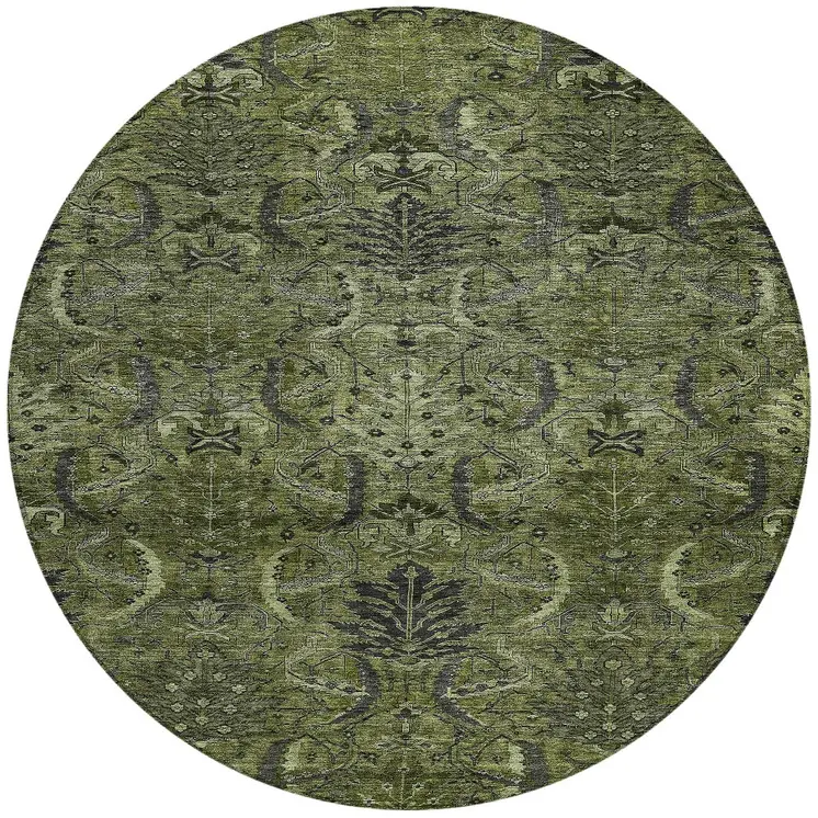 8' Olive Green And Charcoal Round Damask Washable Indoor Outdoor Area Rug