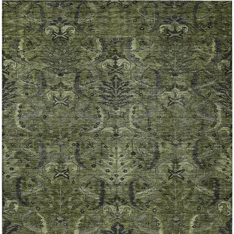 8' X 10' Olive Green And Charcoal Damask Washable Indoor Outdoor Area Rug