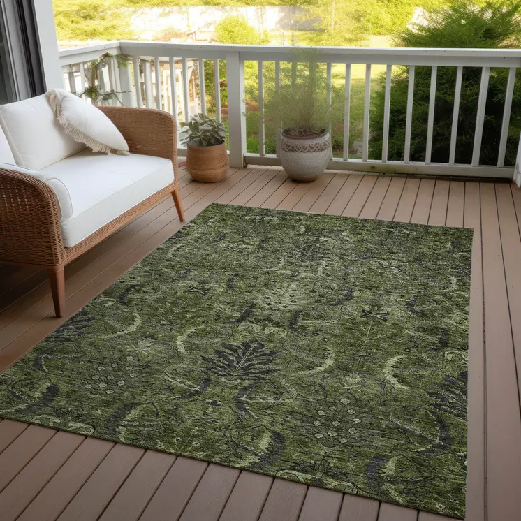 8' X 10' Olive Green And Charcoal Damask Washable Indoor Outdoor Area Rug