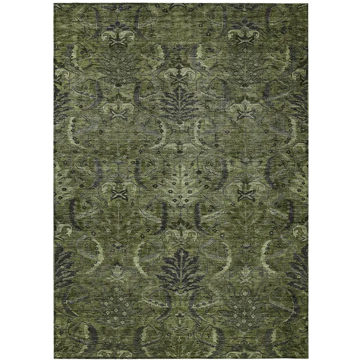 8' X 10' Olive Green And Charcoal Damask Washable Indoor Outdoor Area Rug