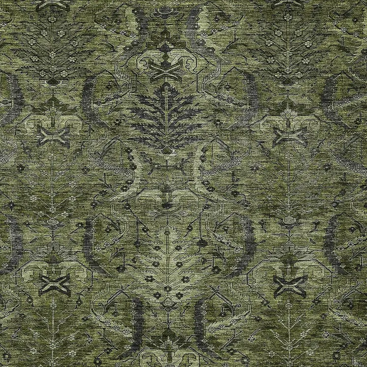 8' X 10' Olive Green And Charcoal Damask Washable Indoor Outdoor Area Rug