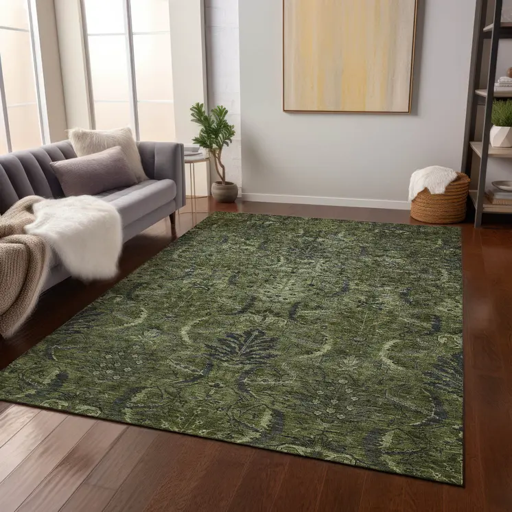 8' X 10' Olive Green And Charcoal Damask Washable Indoor Outdoor Area Rug
