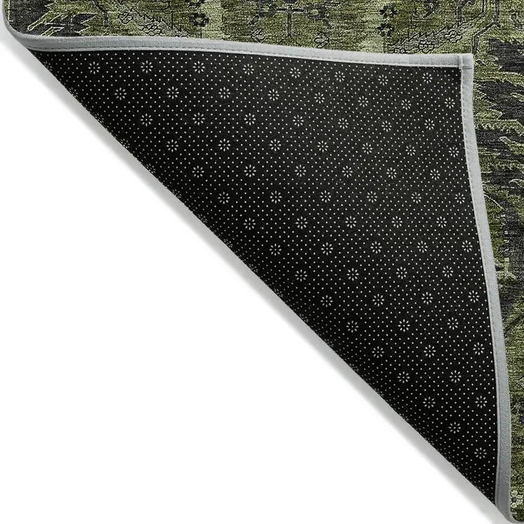 9' X 12' Olive Green And Charcoal Damask Washable Indoor Outdoor Area Rug