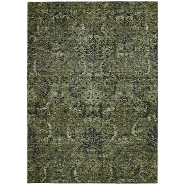 10' X 14' Olive Green And Charcoal Damask Washable Indoor Outdoor Area Rug