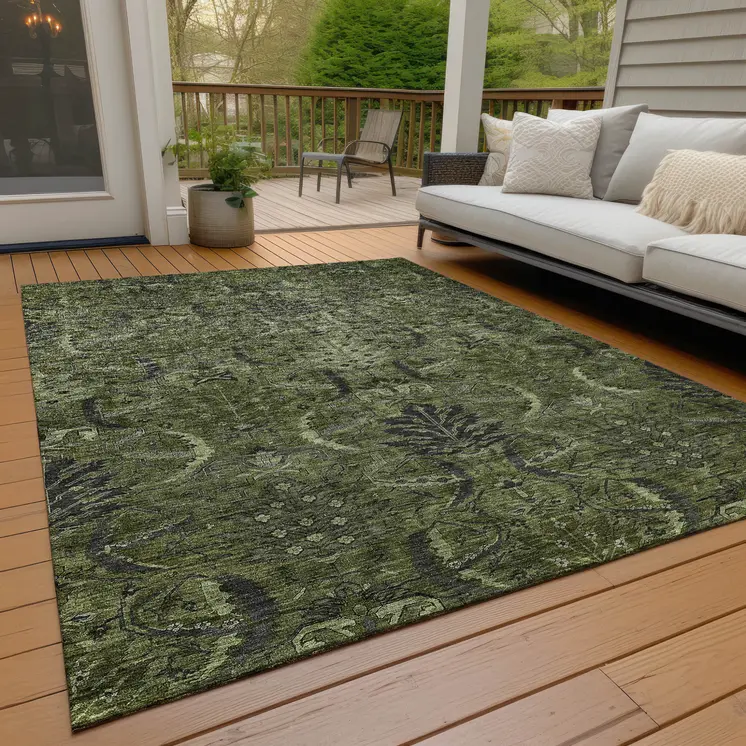 10' X 14' Olive Green And Charcoal Damask Washable Indoor Outdoor Area Rug
