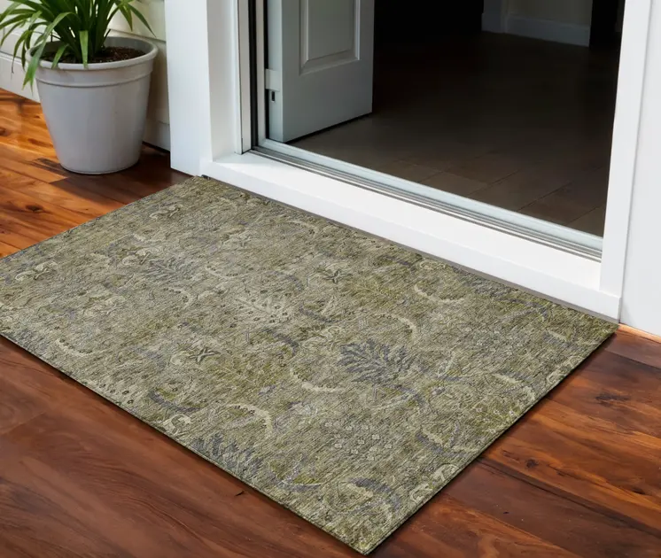 3' X 5' Taupe And Gray Damask Washable Indoor Outdoor Area Rug
