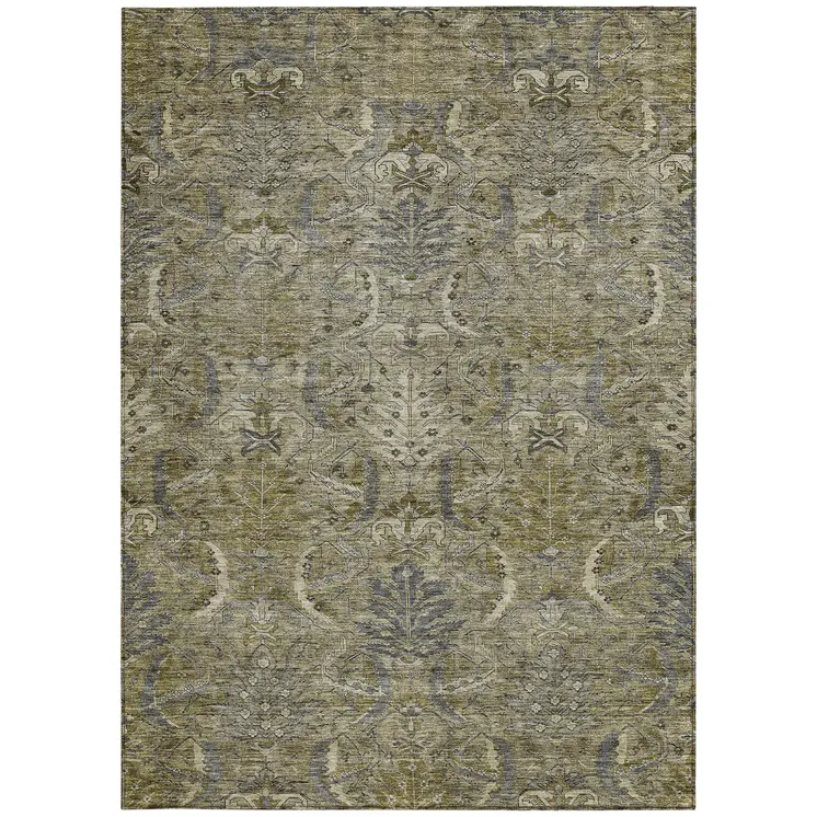5' X 8' Taupe And Gray Damask Washable Indoor Outdoor Area Rug